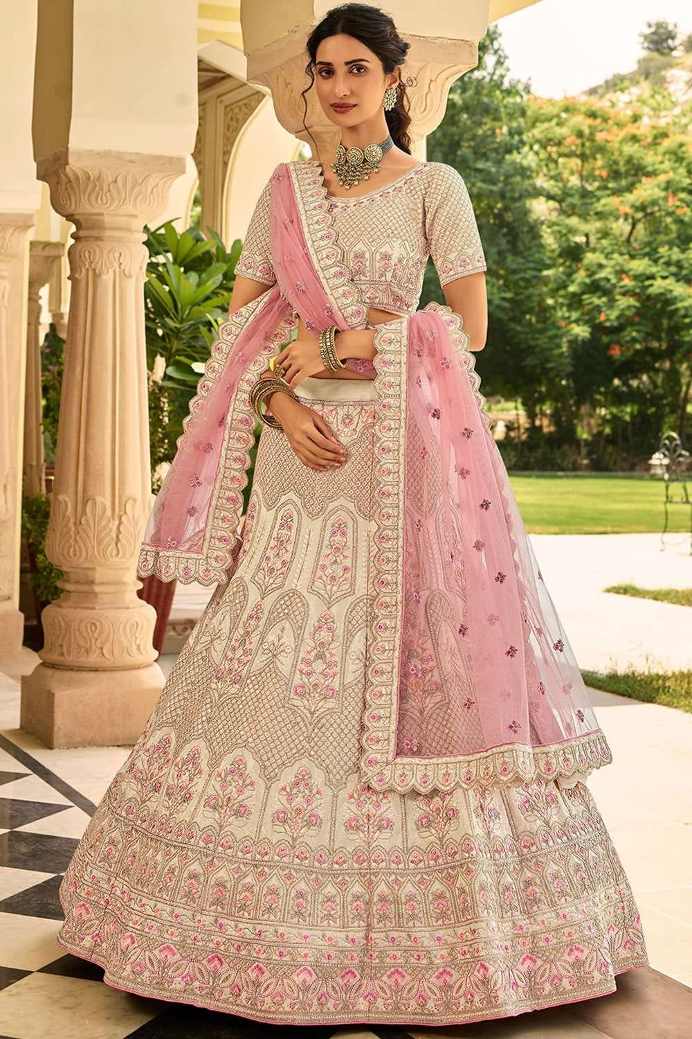 Shop Baby pink Crepe Wedding Lehenga Choli Peach Dupatta LC4686