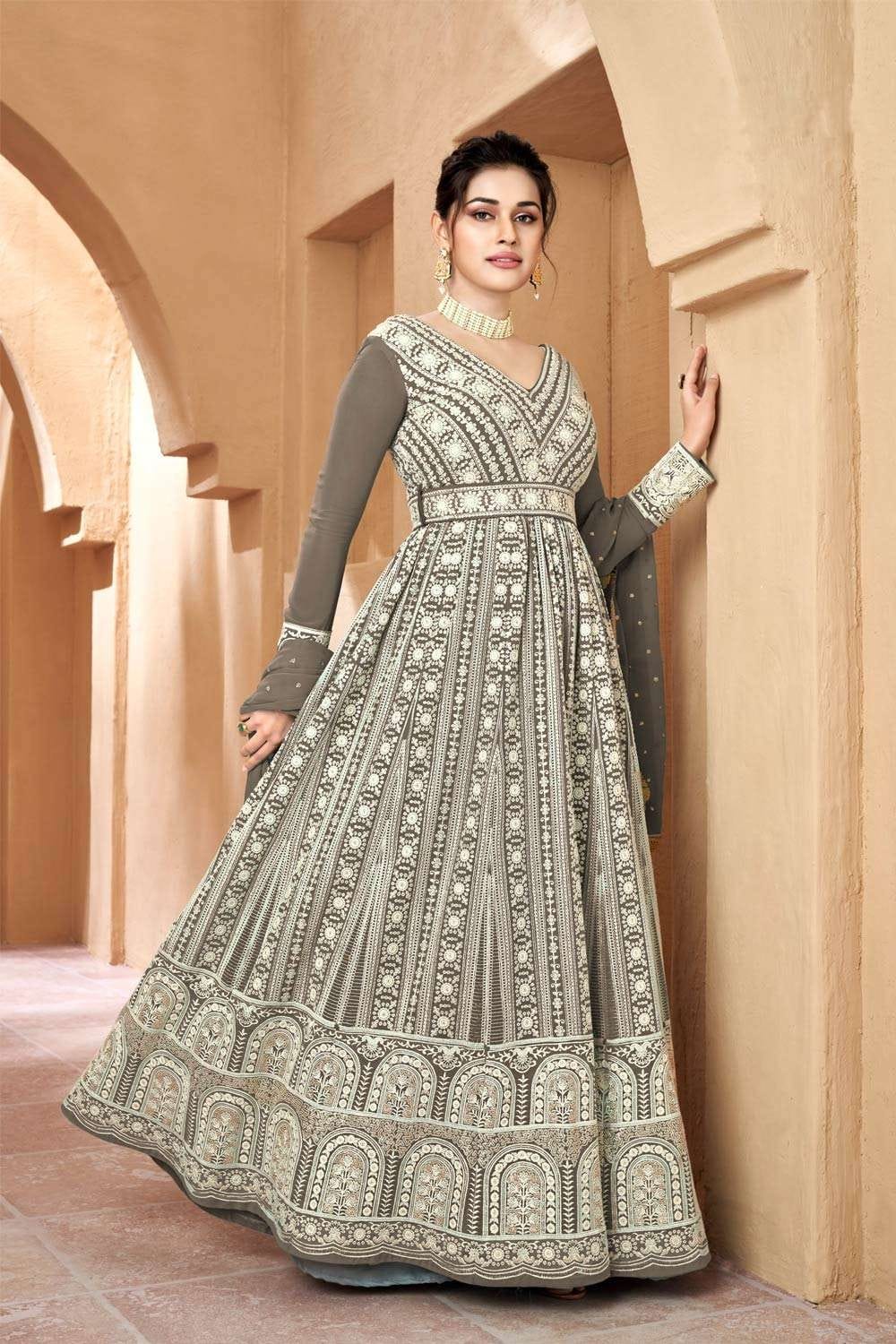 Embroidered gown dress in grey georgette USA : GW0500