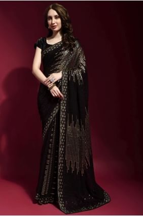 Embroidered Georgette Golden Party Wear Saree with Blouse SR22525