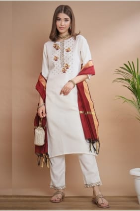 Cotton blend White Salwar Kameez in Embroidered SK15750
