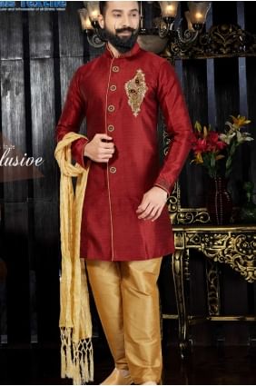 Exquisite Marron Giccha Silk Ethnic Wear Kurta Pajama KUR0106