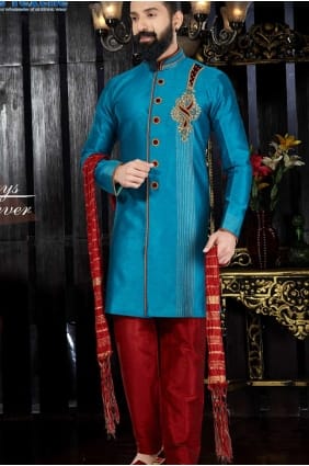 Adorable Sky Blue Giccha Silk Ethnic Wear Kurta Pajama kur0111