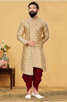 Beige Men Kurta in Jacquard with Plain KURR159