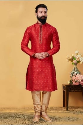 Jacquard Men Kurta in Red with Dupatta KURR172