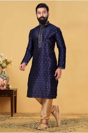 Navy blue Men Kurta in Jacquard KURR173