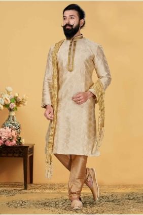 Jacquard Men Kurta with in Beige KURR176