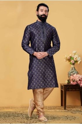 Embroidered Jacquard Blue Men Kurta with Dupatta KURR180