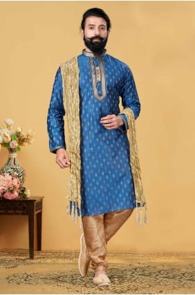Blue Jacquard Embroidered Men Kurta with Dupatta KURR182