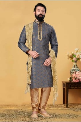 Embroidered Jacquard Men Kurta in Steel blue KURR183