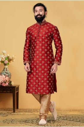 Embroidered Men Kurta in Red Jacquard KURR191