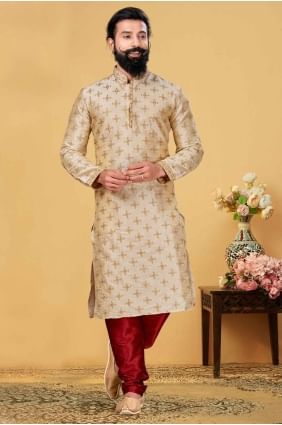 Beige Embroidered Jacquard Men Kurta KURR196