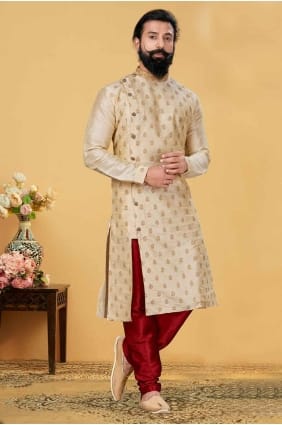 Embroidered Jacquard Men Kurta in Beige KURR197