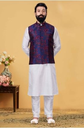 White Men Kurta in Embroidered Dupion silk KURR200
