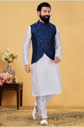 Embroidered Dupion silk Men Kurta in White KURR201