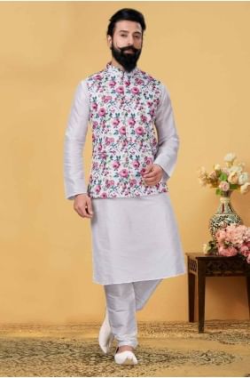White Men Kurta with Embroidered Dupion silk KURR205