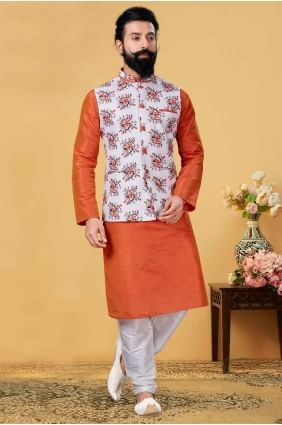 Dupion silk Men Kurta in Orange with Embroidered KURR206