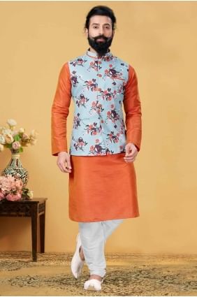 Orange Embroidered Men Kurta in Dupion silk KURR207