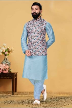 Embroidered Men Kurta in Sky blue Dupion silk KURR210