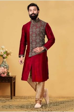 Red Plain Silk Men Kurta KURR44