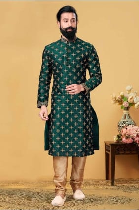 Embroidered Silk Men Kurta in Green with Dupatta KURR50
