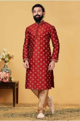 Embroidered Men Kurta in Red Silk KURR51