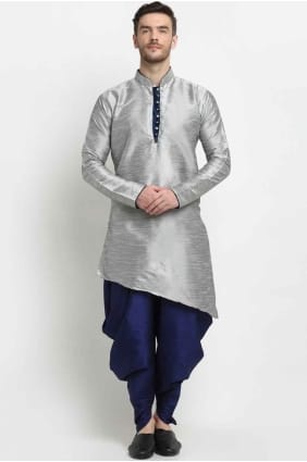 Plain Silk Men Kurta in Grey with Dupatta KURR65