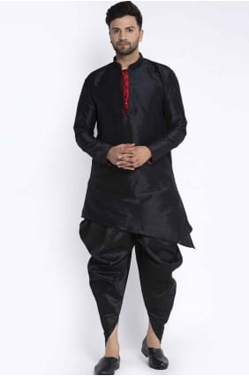 Plain Silk Men Kurta in Black KURR70