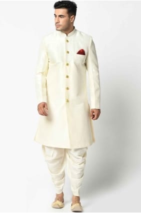 Cream Plain Men Kurta in Silk KURR76
