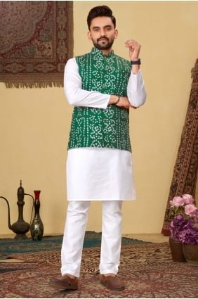 Green Cotton Printed Men Kurta with Dupatta KURR16