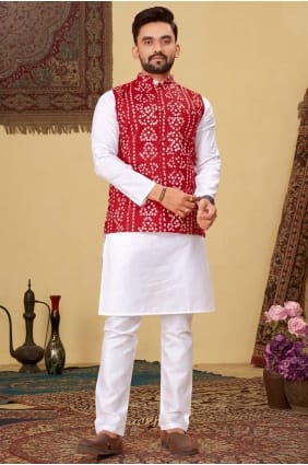 Men Kurta in Red Cotton with Printed KURR18