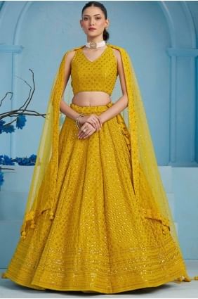 embroidered georgette lehenga choli in yellow LC8399