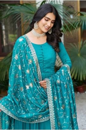 blue salwar kameez in embroidered silk GW1131