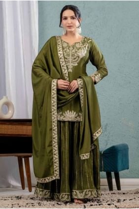 Embroidered Sharara Suit in Mehendi green Chiffon SS1256