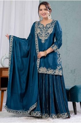 Chiffon Sharara Suit with Embroidered in Teal blue SS1257