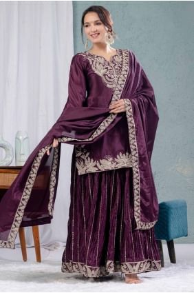 Wine Embroidered Chiffon Sharara Suit SS1258