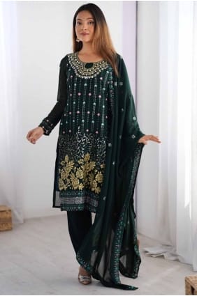 Mirror Faux georgette Sharara Suit in Green with Dupatta SK155582