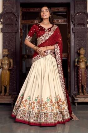 Tussar silk Lehenga Choli with Printed in White LC8447