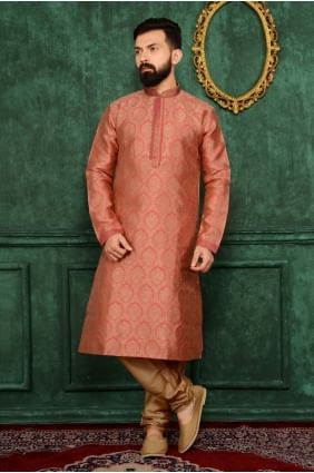 Attractive Dark Peach Jaqurs Silk Brocade Ethnic Wear Kurta Readymade Kurta Payjama KUR0167