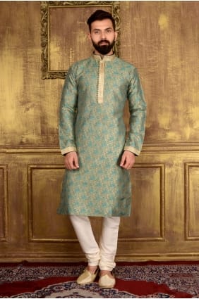 Teal Green Jaqurs Silk Brocade Ethnic Wear Kurta Readymade Kurta Payjama KUR0174