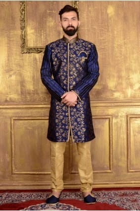 Blue Jaqurd Silk Brocade Semi Indo Indo Western INW0001