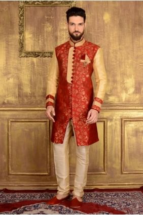 Red Jaqurd Silk Brocade Semi Indo Indo Western INW0005