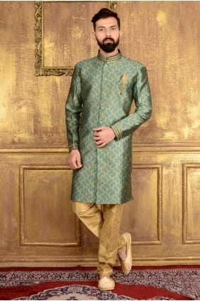 Teal Jaqurd Silk Brocade Semi Indo Indo Western INW0007