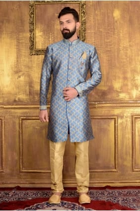 Blue Jaqurd Silk Brocade Semi Indo Indo Western INW0012