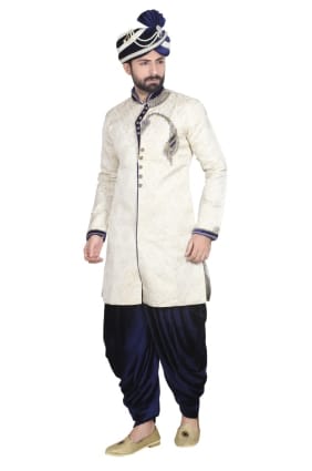 Light Gold Brocked Ethnic Wear Designer Ready-Made Sherwani SHR00008