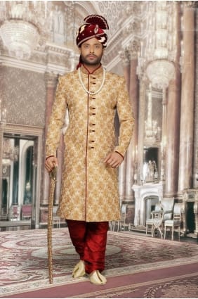 Beige Jackard All Over Booty High Light Ethnic Wear Designer Ready-Made Sherwani SHR00028