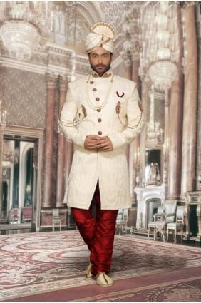 Beige Imported Plain & Jackard Boota Ethnic Wear Designer Ready-Made Sherwani SHR00035