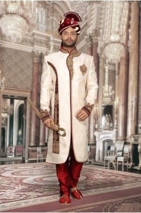 Beige Booty Jackard Hand Work Ethnic Wear Designer Ready-Made Sherwani shr00038