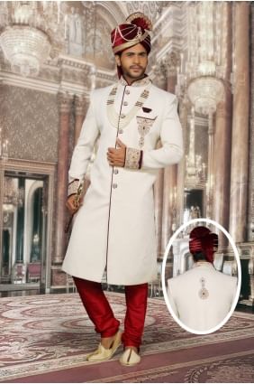 Off White Designer Imported Fabric Ethnic Wear Designer Ready-Made Sherwani SHR00044