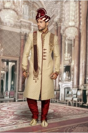 Beige Booty Jackard Hand Work Ethnic Wear Designer Ready-Made Sherwani shr00045
