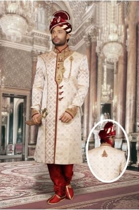 Beige Jackard With Hand Work Ethnic Wear Designer Ready-Made Sherwani shr00046